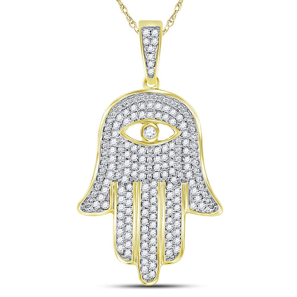 10kt Yellow Gold Mens Round Diamond Eye of Fatima Hamsa Hand Charm Pendant 1/2 Cttw Daisy Joyeria