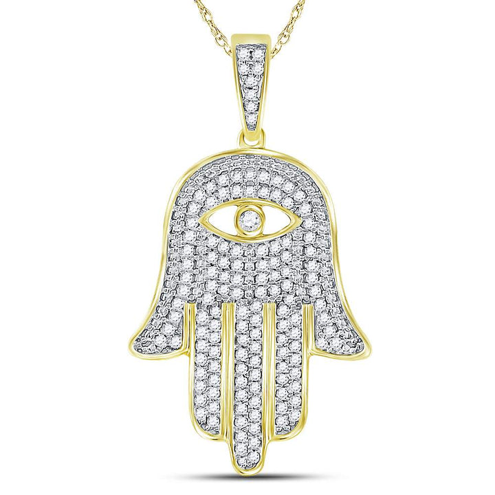 10kt Yellow Gold Mens Round Diamond Eye of Fatima Hamsa Hand Charm Pendant 1/2 Cttw Daisy Joyeria