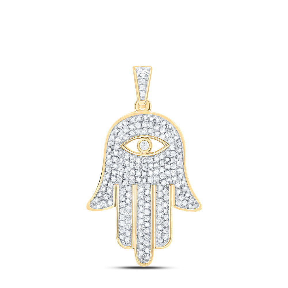 10kt Yellow Gold Mens Round Diamond Eye of Fatima Hamsa Hand Charm Pendant 1/2 Cttw Daisy Joyeria