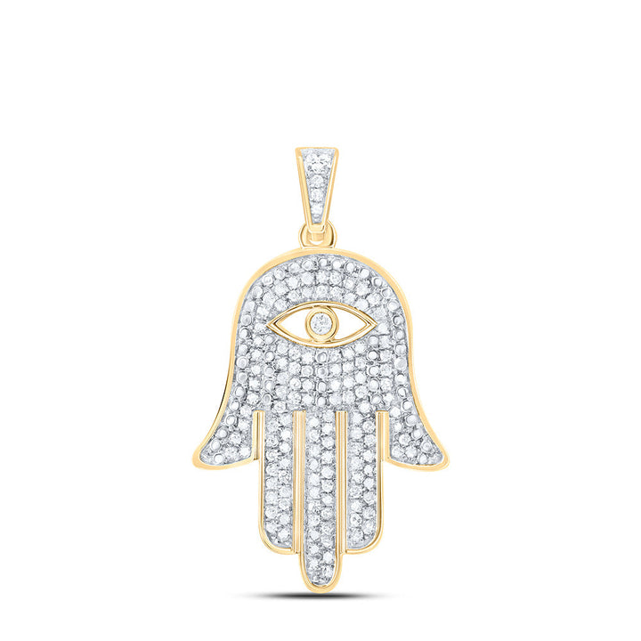 10kt Yellow Gold Mens Round Diamond Eye of Fatima Hamsa Hand Charm Pendant 1/2 Cttw Daisy Joyeria