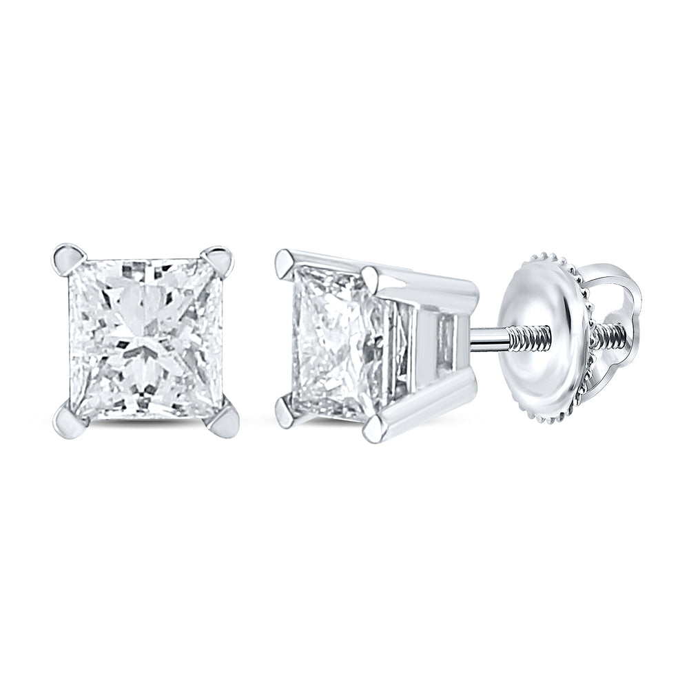 14kt White Gold Unisex Princess Diamond Solitaire Stud Earrings 7/8 Cttw Daisy Joyeria