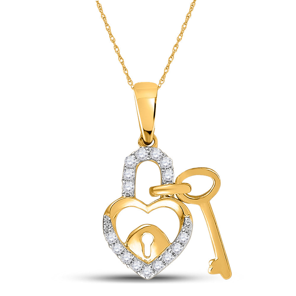 10kt Yellow Gold Womens Round Diamond Heart Lock Key Dangle Pendant 1/10 Cttw Daisy Joyeria