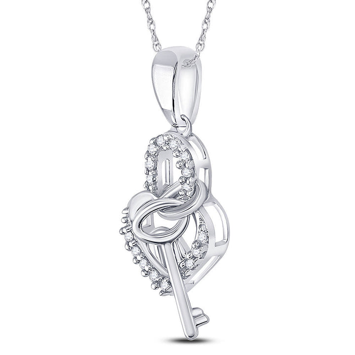 10kt White Gold Womens Round Diamond Heart Lock Key Dangle Pendant 1/10 Cttw Daisy Joyeria