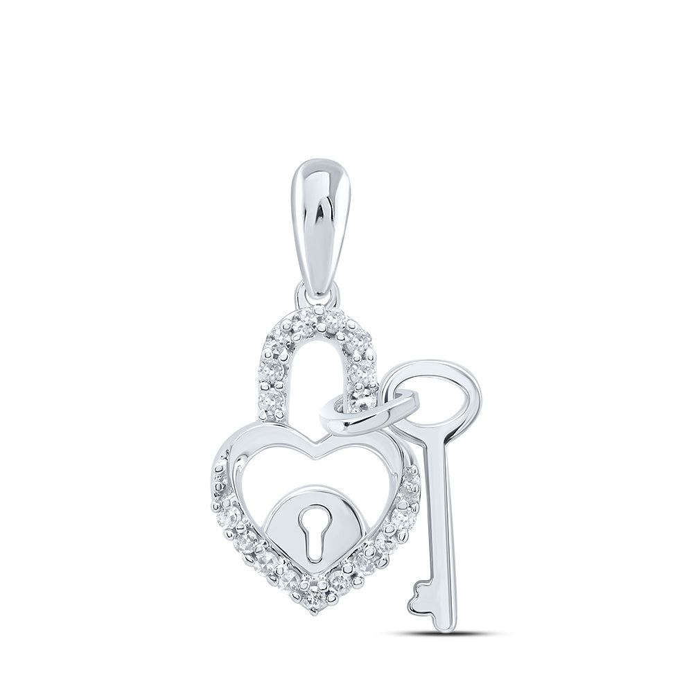 10kt White Gold Womens Round Diamond Heart Lock Key Dangle Pendant 1/10 Cttw Daisy Joyeria