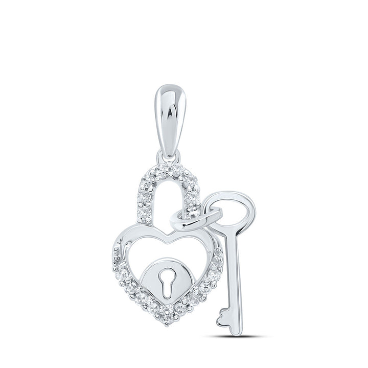 10kt White Gold Womens Round Diamond Heart Lock Key Dangle Pendant 1/10 Cttw Daisy Joyeria
