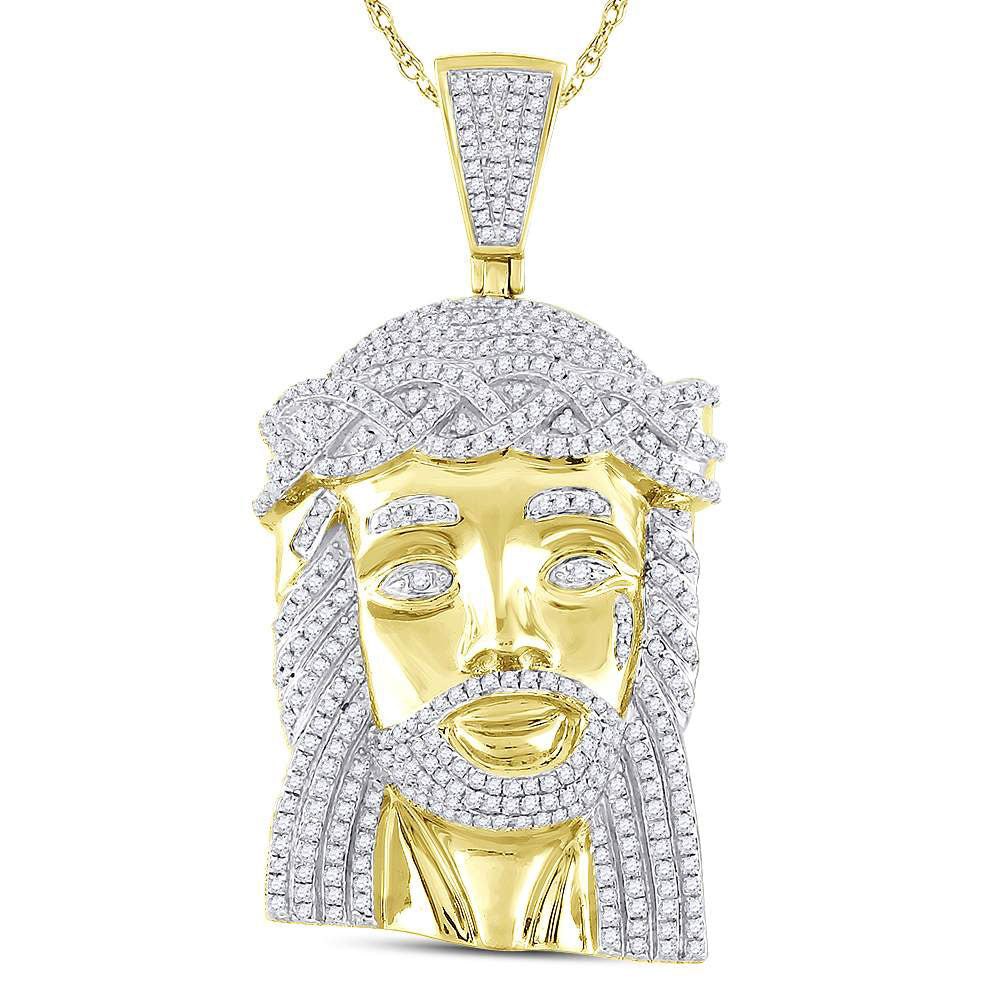 10kt Yellow Gold Mens Round Diamond Jesus Face Charm Pendant 1-5/8 Cttw Daisy Joyeria