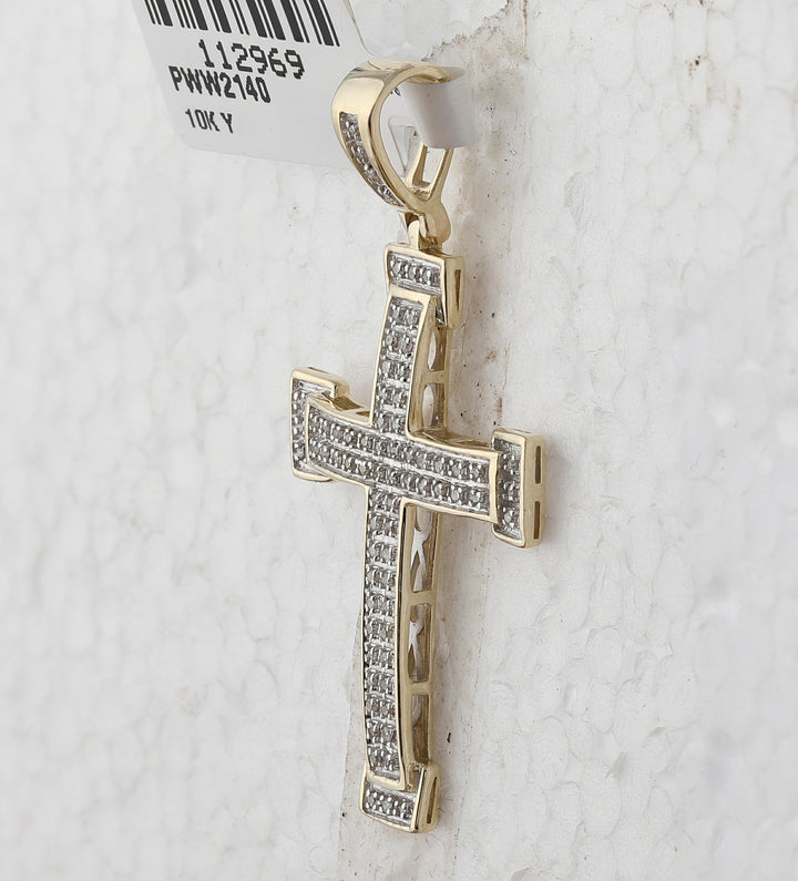 10kt Yellow Gold Mens Round Diamond Roman Cross Religious Charm Pendant 1/5 Cttw Daisy Joyeria