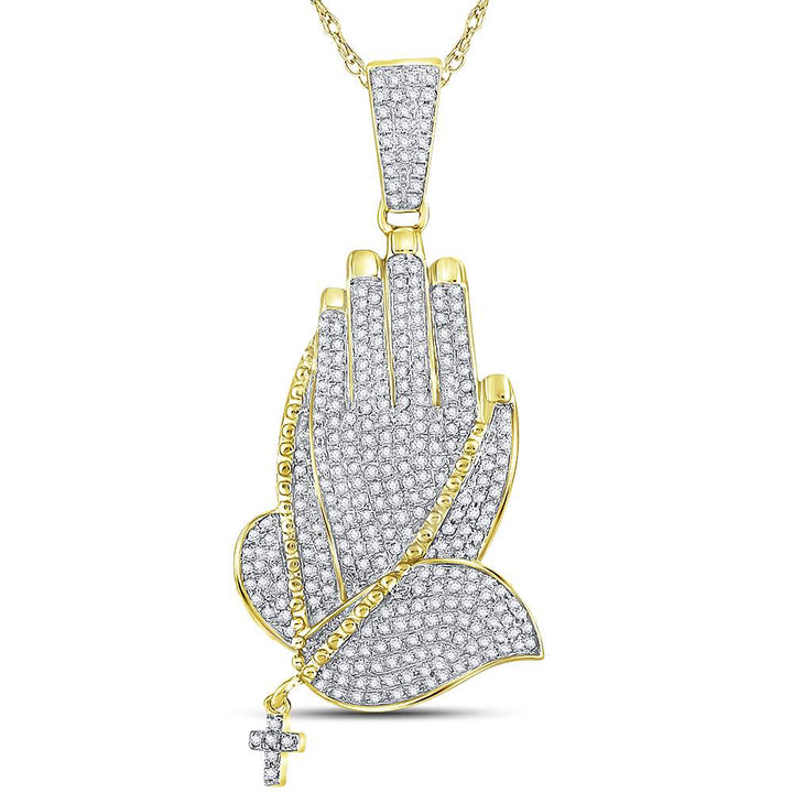 10kt Yellow Gold Mens Round Diamond Praying Hands Rosary Charm Pendant 7/8 Cttw Daisy Joyeria
