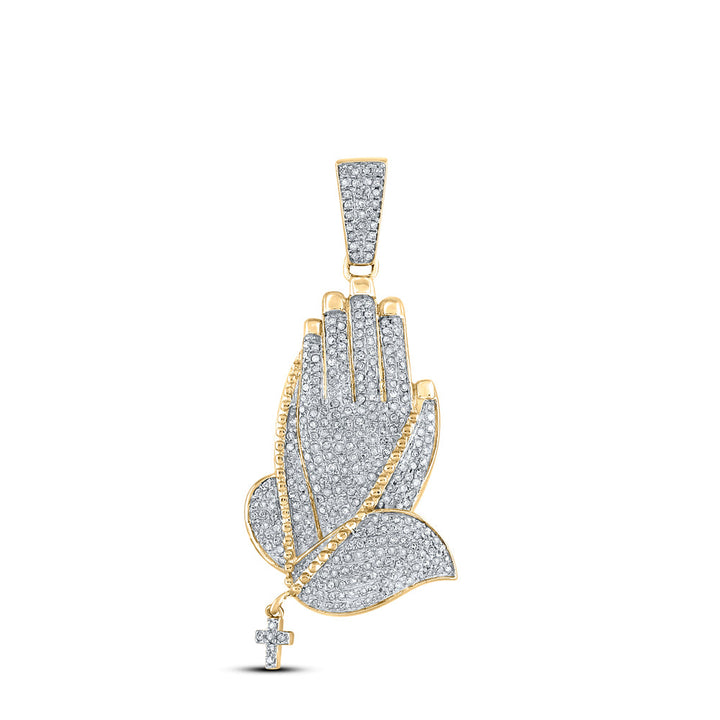 10kt Yellow Gold Mens Round Diamond Praying Hands Rosary Charm Pendant 7/8 Cttw Daisy Joyeria