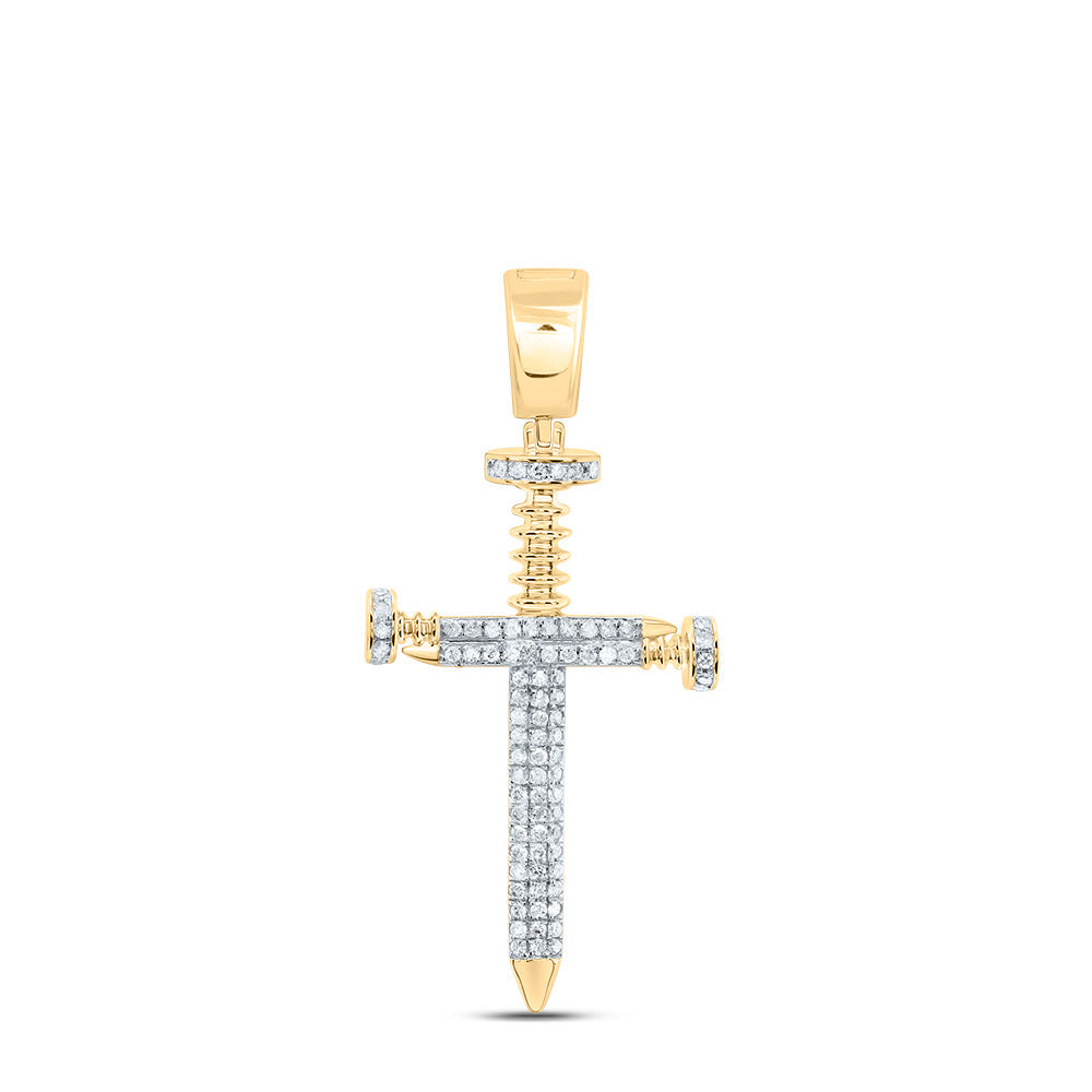 10kt Yellow Gold Mens Round Diamond Cross Religious Charm Pendant 3/8 Cttw Daisy Joyeria