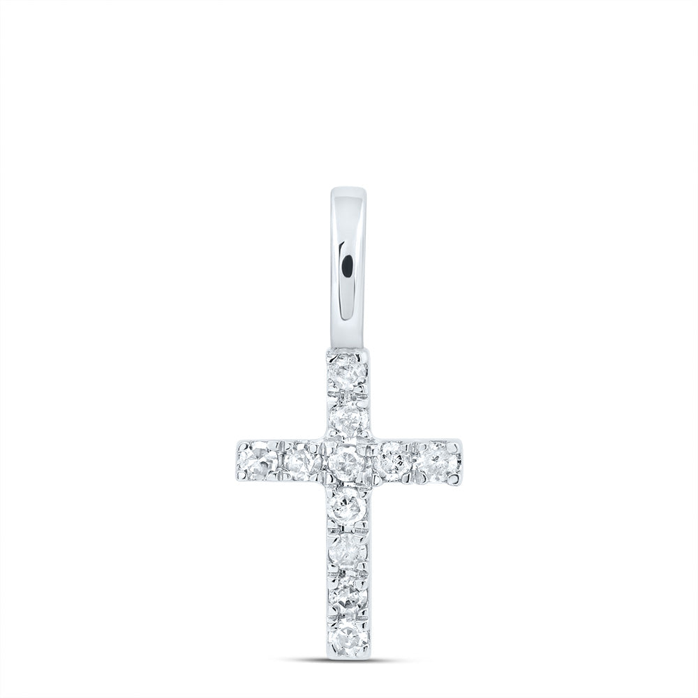 14kt White Gold Womens Round Diamond Dainty Cross Pendant 1/10 Cttw Daisy Joyeria