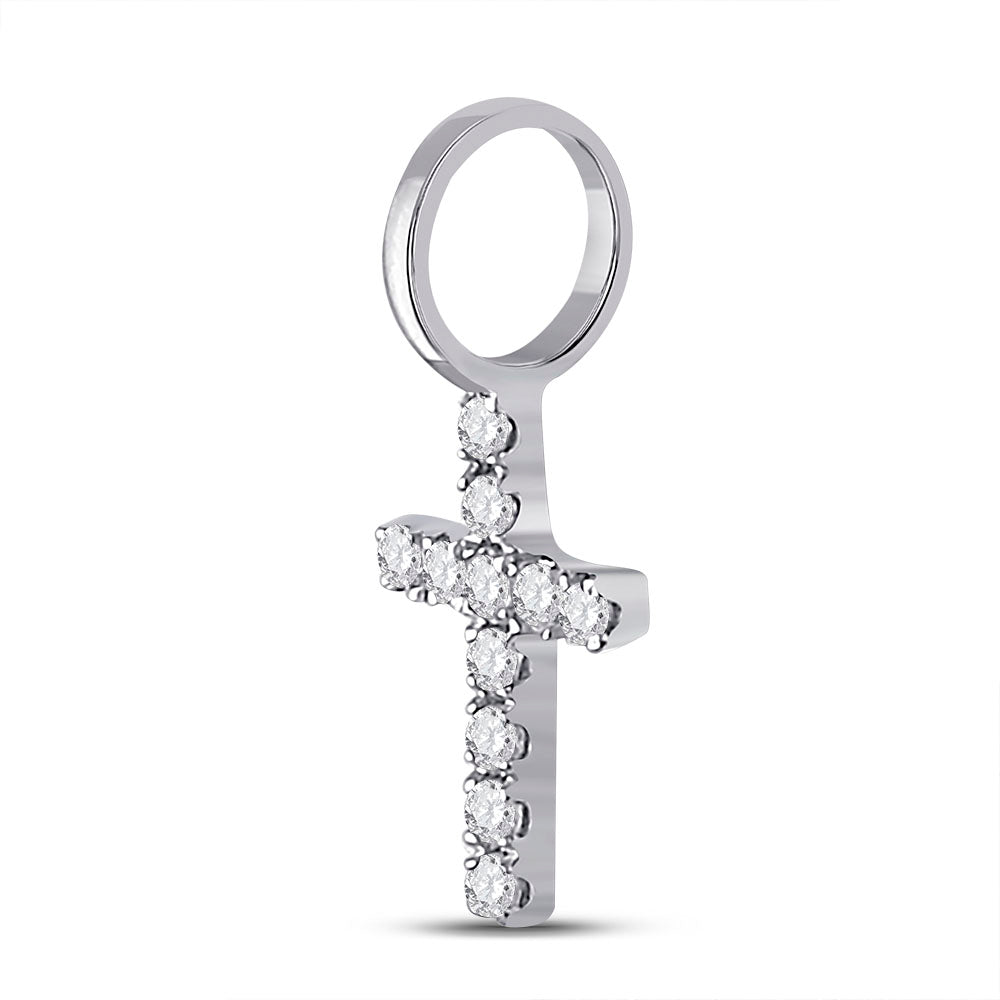 14kt White Gold Womens Round Diamond Dainty Cross Pendant 1/10 Cttw Daisy Joyeria