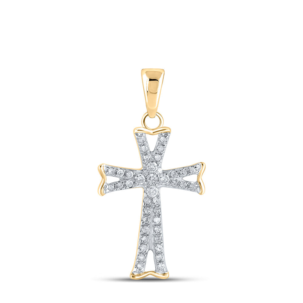 14kt Yellow Gold Womens Round Diamond Flared Cross Faith Pendant 1/8 Cttw Daisy Joyeria