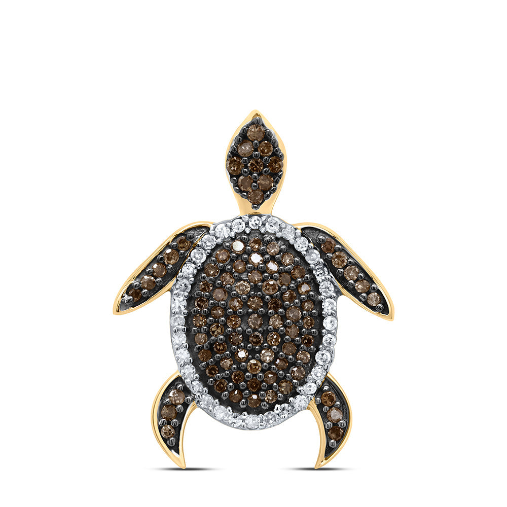 10kt Yellow Gold Womens Round Brown Diamond Sea Turtle Tortoise Pendant 1/3 Cttw Daisy Joyeria