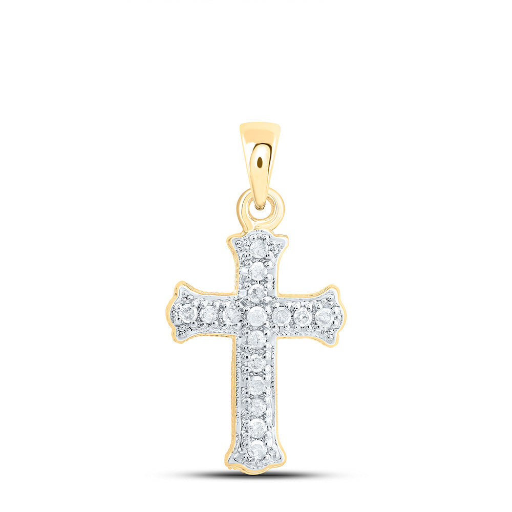 10kt Yellow Gold Womens Round Diamond Small Scalloped Cross Religious Pendant 1/12 Cttw Daisy Joyeria