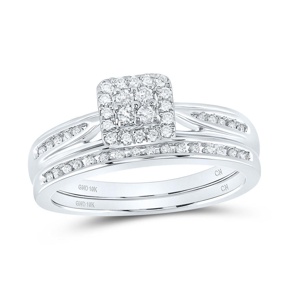 10kt White Gold Womens Diamond Square Cluster Bridal Wedding Engagement Ring Band Set 1/4 Cttw 7 Daisy Joyeria