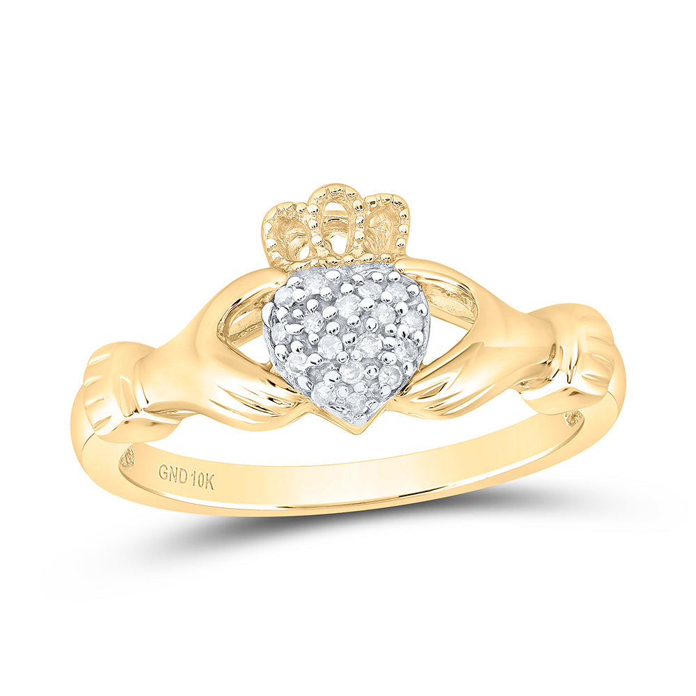 10kt Yellow Gold Womens Round Diamond Claddagh Hands & Heart Cluster Ring 1/20 Cttw 7 Daisy Joyeria
