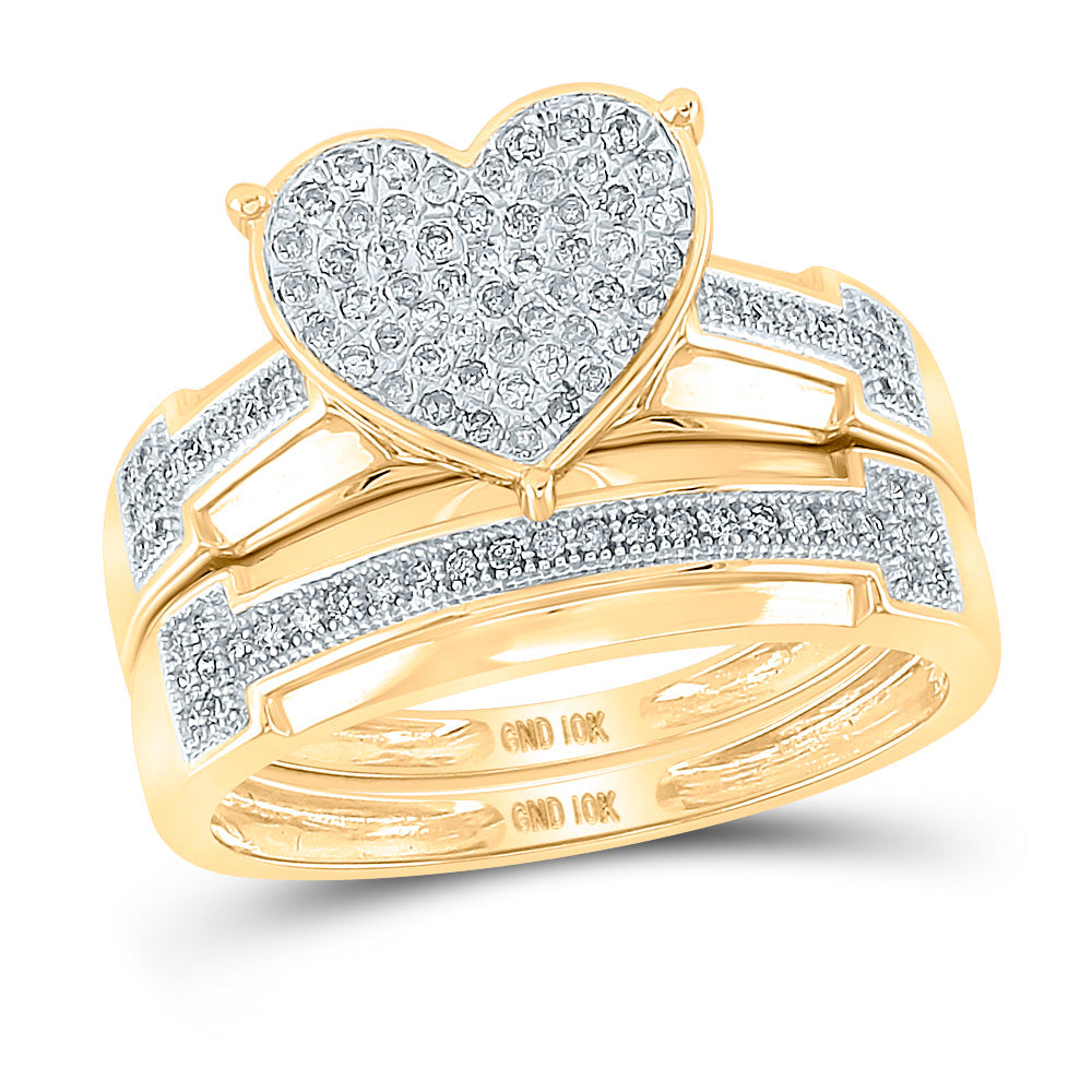 10kt Yellow Gold His & Hers Round Diamond Heart Cluster Matching Bridal Wedding Ring Band Set 1/2 Cttw 7 Daisy Joyeria