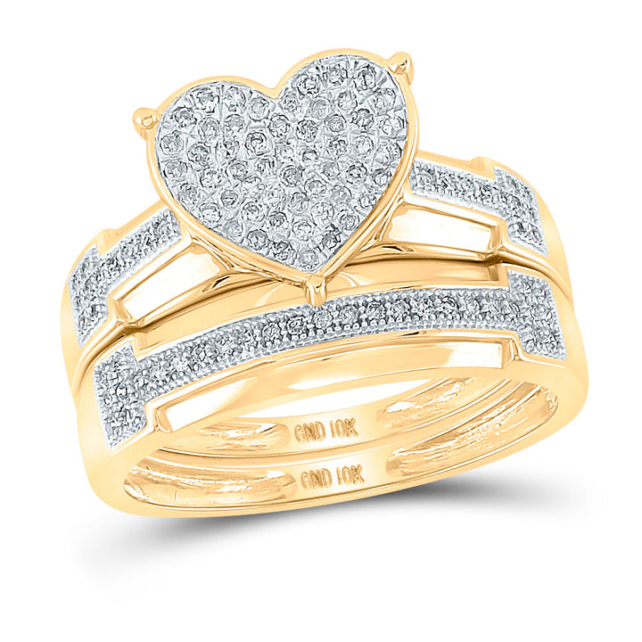 10kt Yellow Gold His & Hers Round Diamond Heart Cluster Matching Bridal Wedding Ring Band Set 1/2 Cttw 7 Daisy Joyeria