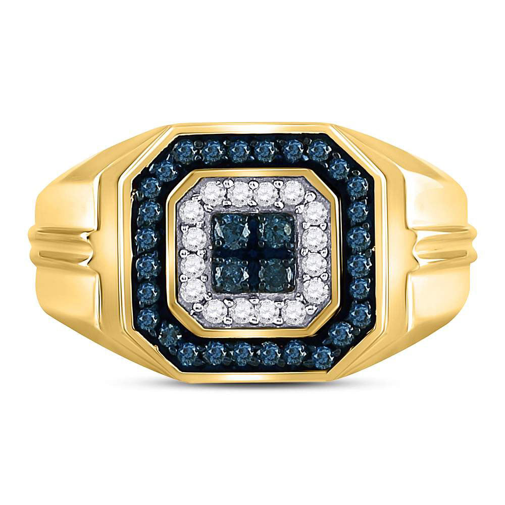 10kt Yellow Gold Mens Round Blue Color Enhanced Diamond Square Ring 5/8 Cttw 10 Daisy Joyeria
