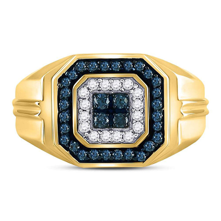 10kt Yellow Gold Mens Round Blue Color Enhanced Diamond Square Ring 5/8 Cttw 10 Daisy Joyeria