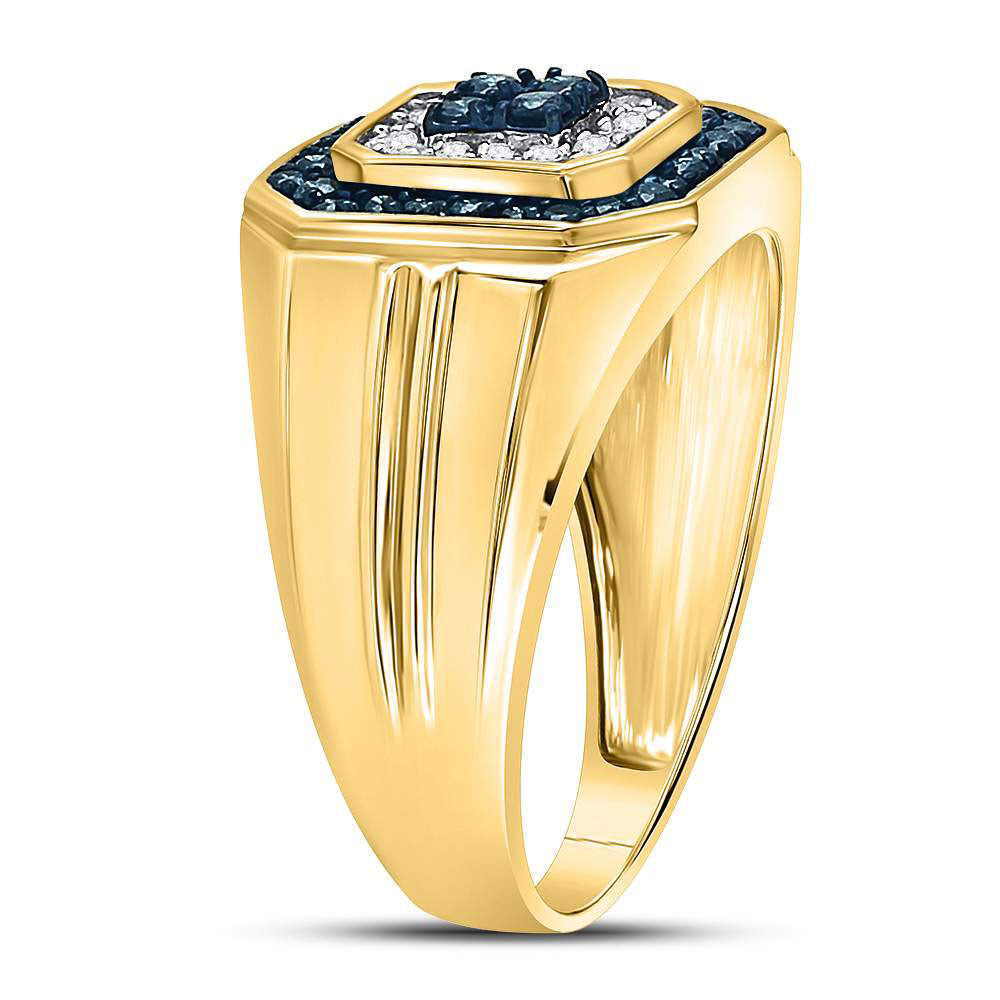 10kt Yellow Gold Mens Round Blue Color Enhanced Diamond Square Ring 5/8 Cttw 10 Daisy Joyeria
