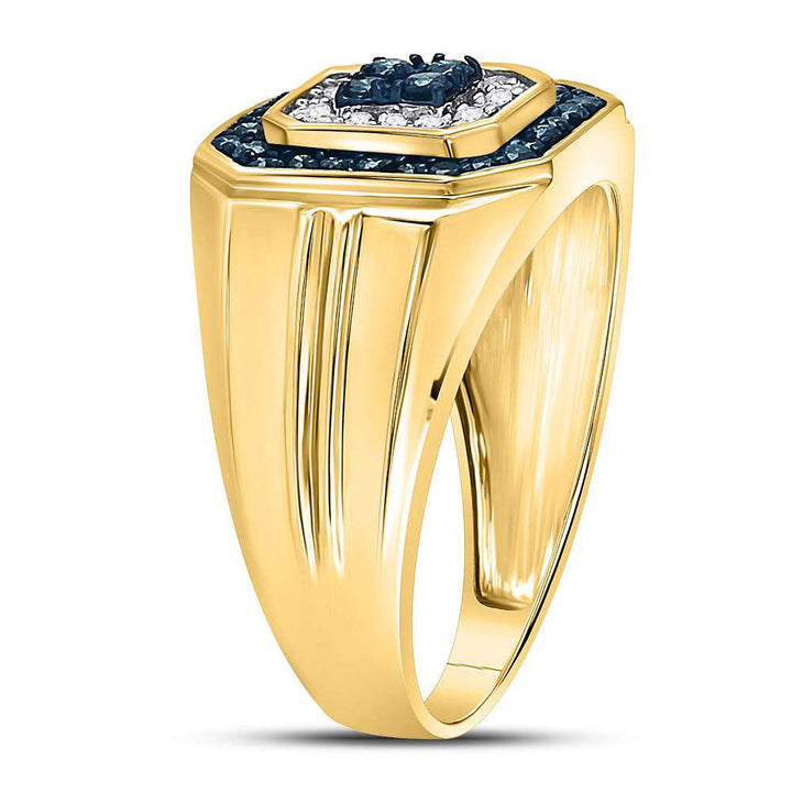 10kt Yellow Gold Mens Round Blue Color Enhanced Diamond Square Ring 5/8 Cttw 10 Daisy Joyeria
