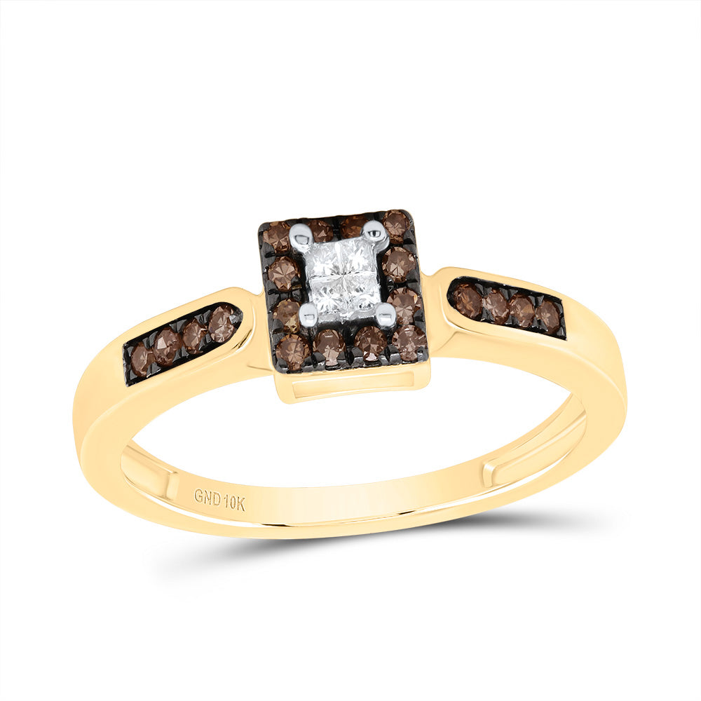 10kt Yellow Gold Womens Round Brown Diamond Square Cluster Ring 1/4 Cttw 7 Daisy Joyeria
