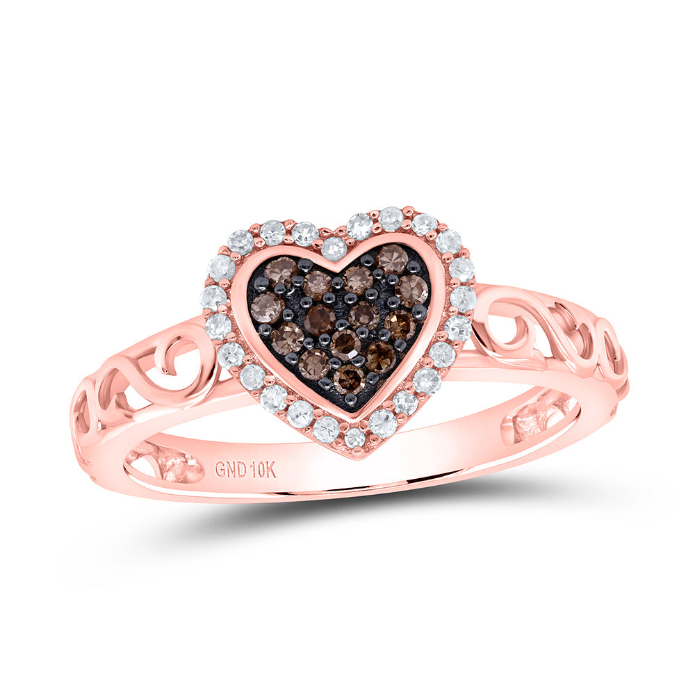 10kt Rose Gold Womens Round Brown Diamond Heart Ring 1/4 Cttw 7 Daisy Joyeria