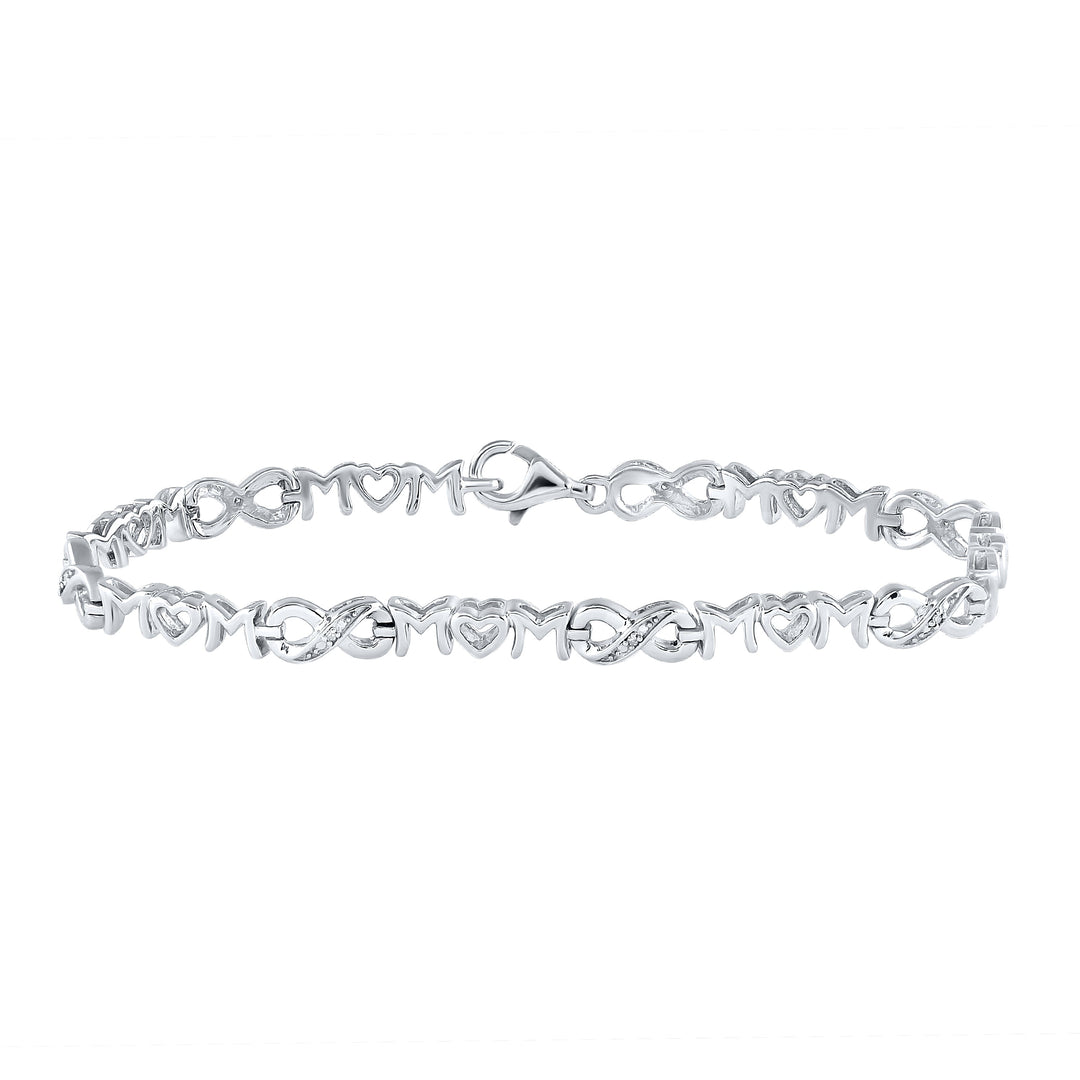 Sterling Silver Womens Round Diamond Mom Mother Heart Link Bracelet .03 Cttw Daisy Joyeria