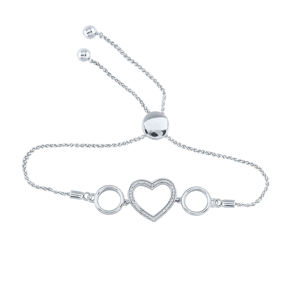 Sterling Silver Womens Round Diamond Heart Bolo Bracelet 1/20 Cttw Daisy Joyeria