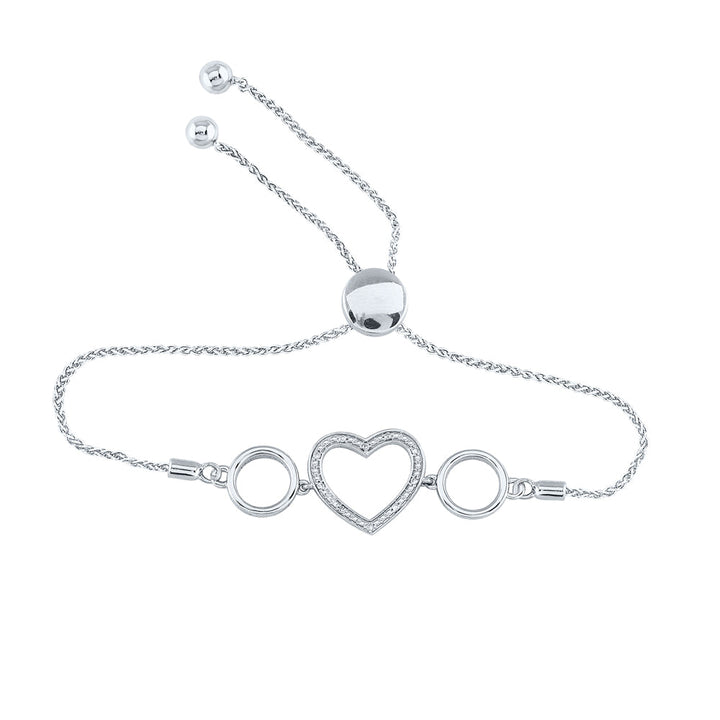 Sterling Silver Womens Round Diamond Heart Bolo Bracelet 1/20 Cttw Daisy Joyeria