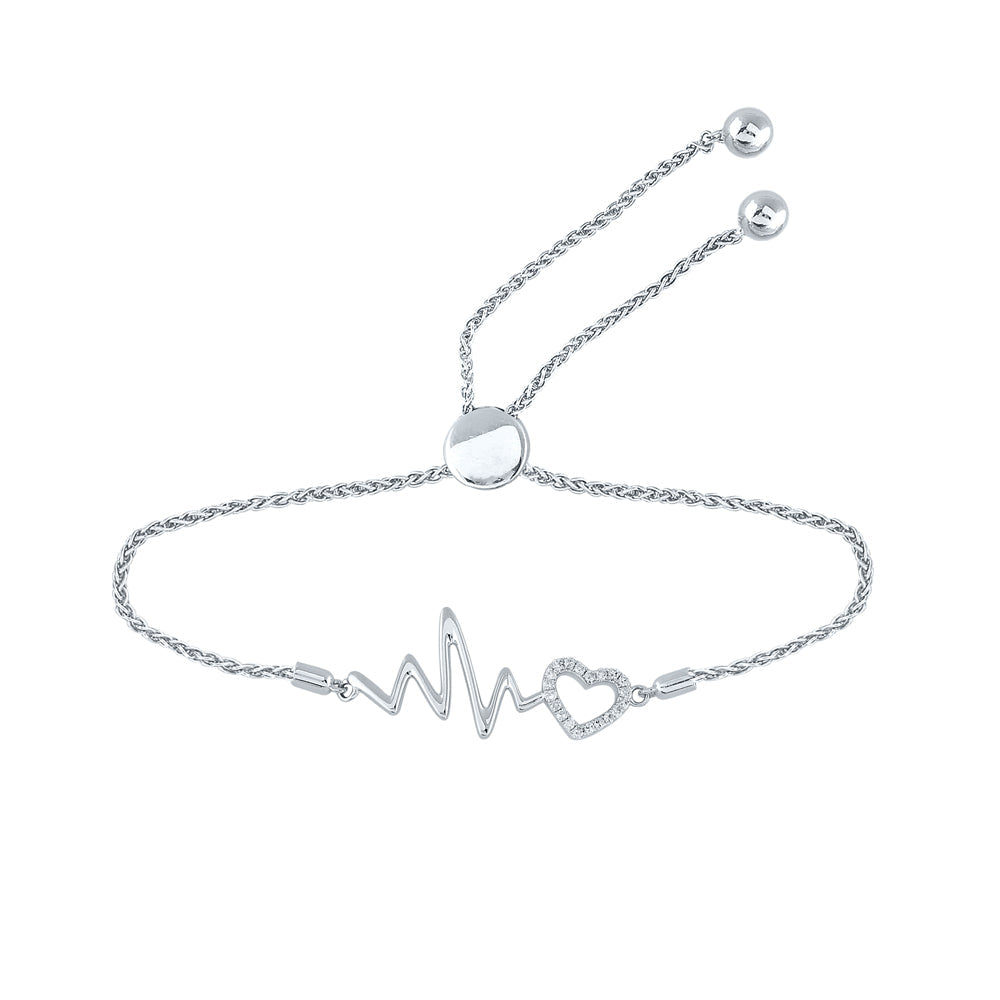 Sterling Silver Womens Round Diamond Heart Heartbeat Bolo Bracelet 1/8 Cttw Daisy Joyeria
