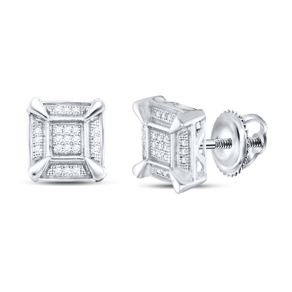 Sterling Silver Mens Round Diamond Square Cluster Stud Earrings 1/8 Cttw Daisy Joyeria