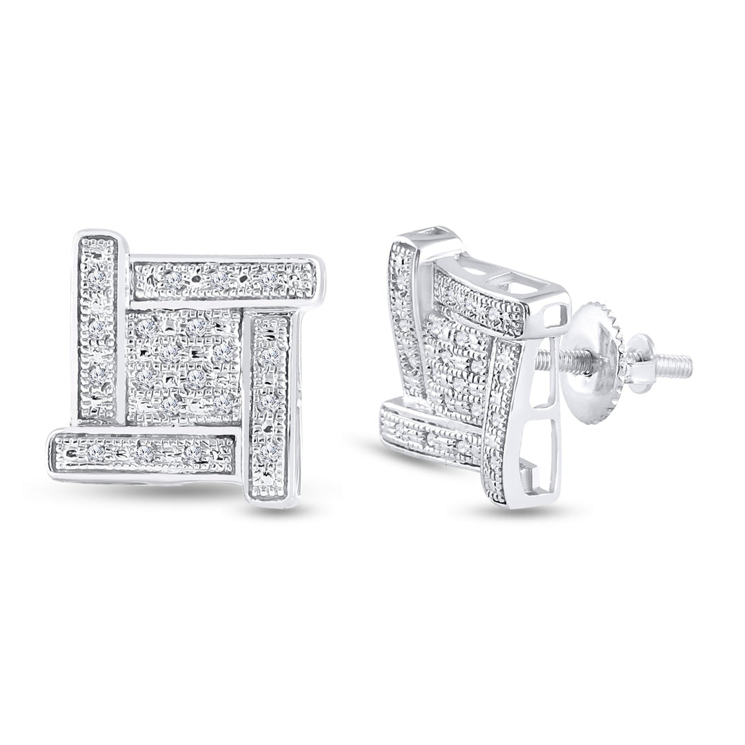 Sterling Silver Mens Round Diamond Square Cluster Stud Earrings 1/8 Cttw Daisy Joyeria