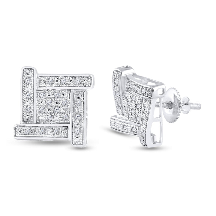 Sterling Silver Mens Round Diamond Square Cluster Stud Earrings 1/8 Cttw Daisy Joyeria