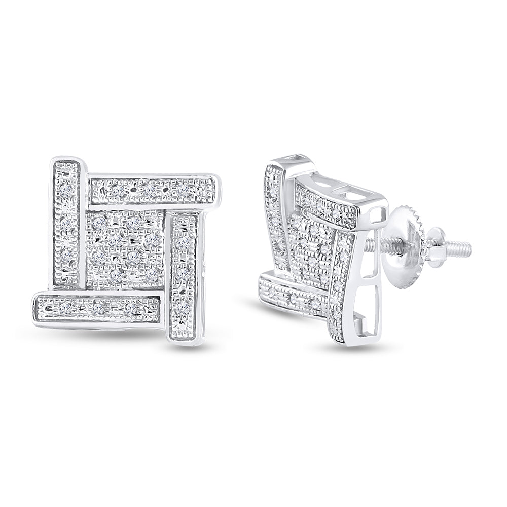 Sterling Silver Mens Round Diamond Square Cluster Stud Earrings 1/8 Cttw Daisy Joyeria
