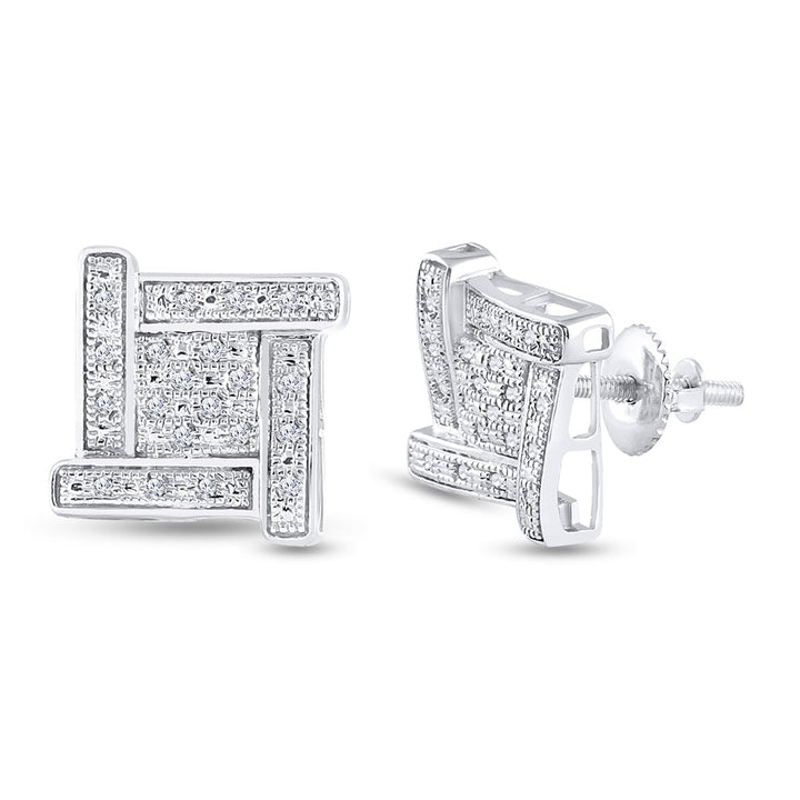 Sterling Silver Mens Round Diamond Square Cluster Stud Earrings 1/8 Cttw Daisy Joyeria