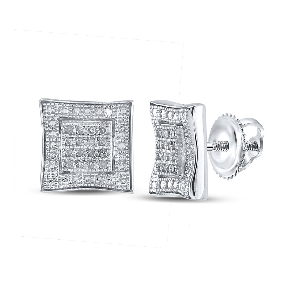 Sterling Silver Mens Round Diamond Square Kite Cluster Stud Earrings 1/10 Cttw Daisy Joyeria