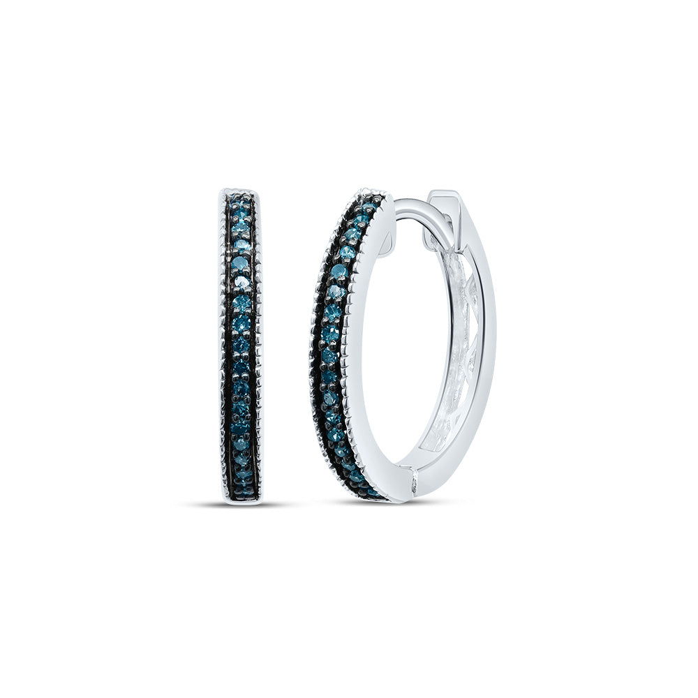 Sterling Silver Womens Round Blue Color Enhanced Diamond Single Row Hoop Earrings 1/10 Cttw Daisy Joyeria