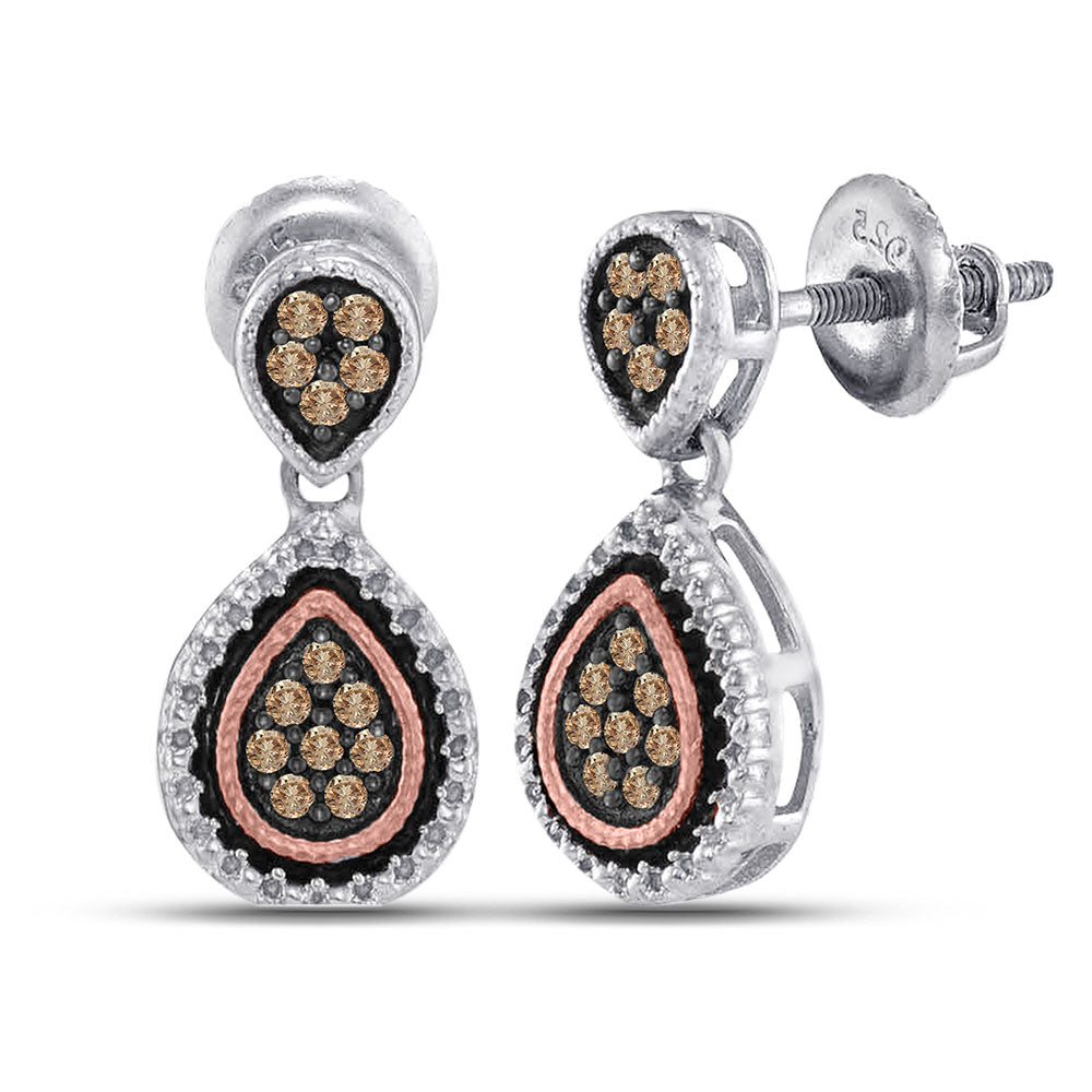 Sterling Silver Womens Round Brown Diamond Teardrop Dangle Earrings 1/5 Cttw Daisy Joyeria