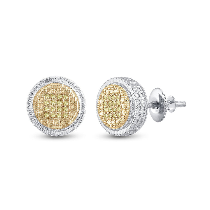 Sterling Silver Mens Round Yellow Color Enhanced Diamond Disk Circle Earrings 1/10 Cttw Daisy Joyeria