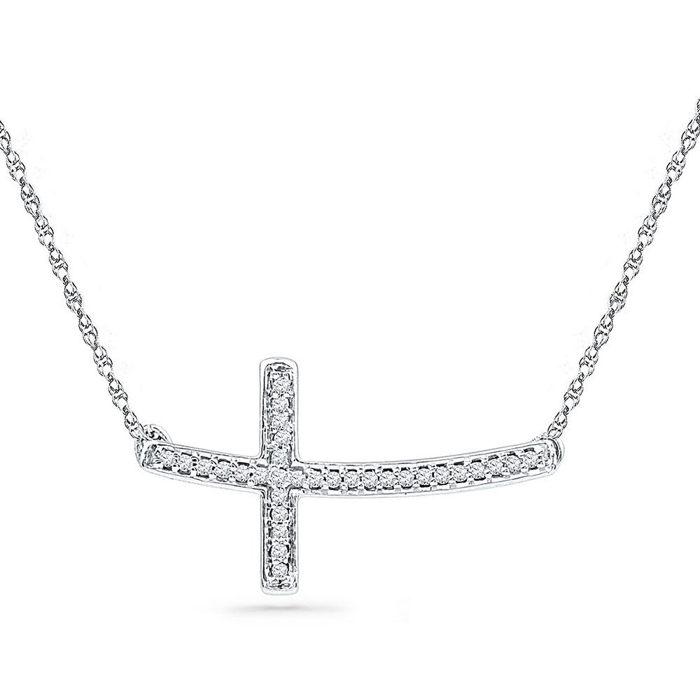 Sterling Silver Womens Round Diamond Horizontal Sideways Cross Necklace 1/10 Cttw Daisy Joyeria