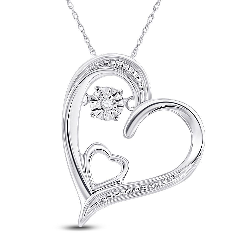 Sterling Silver Womens Round Diamond Double Heart Moving Twinkle Pendant .01 Cttw Daisy Joyeria
