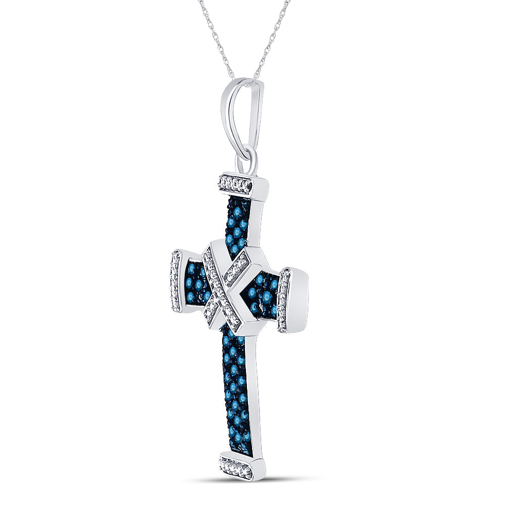 Sterling Silver Womens Round Blue Color Enhanced Diamond Bound Roman Cross Pendant 1/4 Cttw Daisy Joyeria