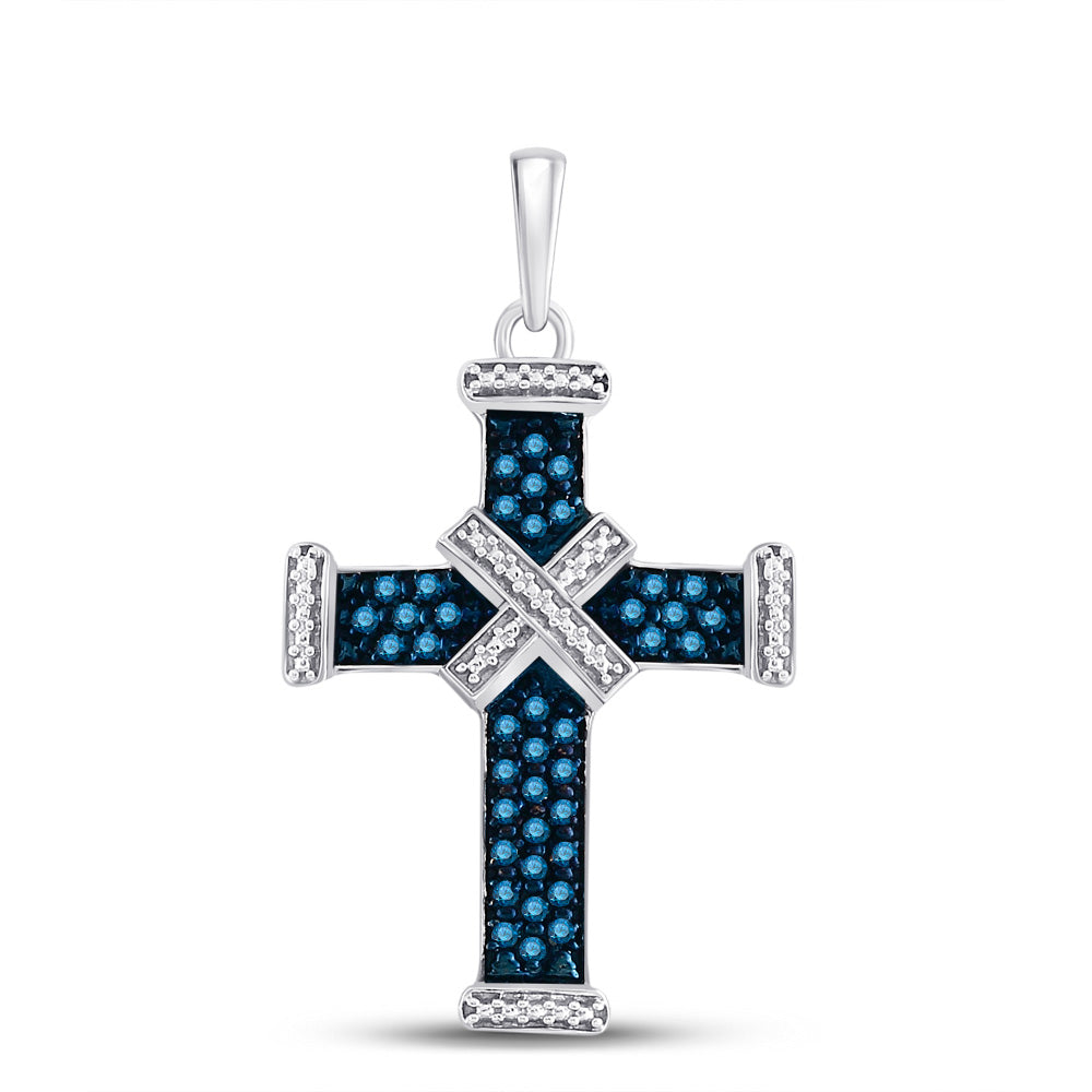 Sterling Silver Womens Round Blue Color Enhanced Diamond Bound Roman Cross Pendant 1/4 Cttw Daisy Joyeria