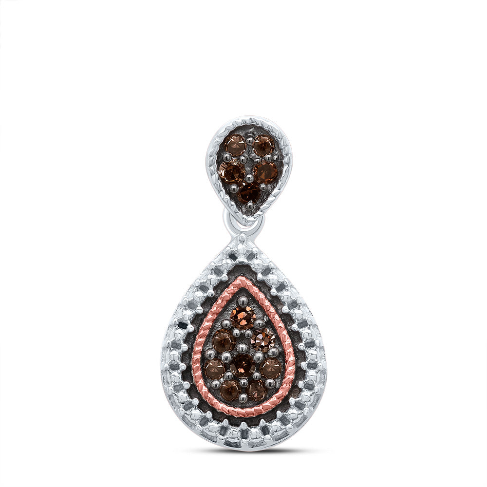 Sterling Silver Womens Round Brown Diamond Teardrop Cluster Pendant 1/6 Cttw Daisy Joyeria