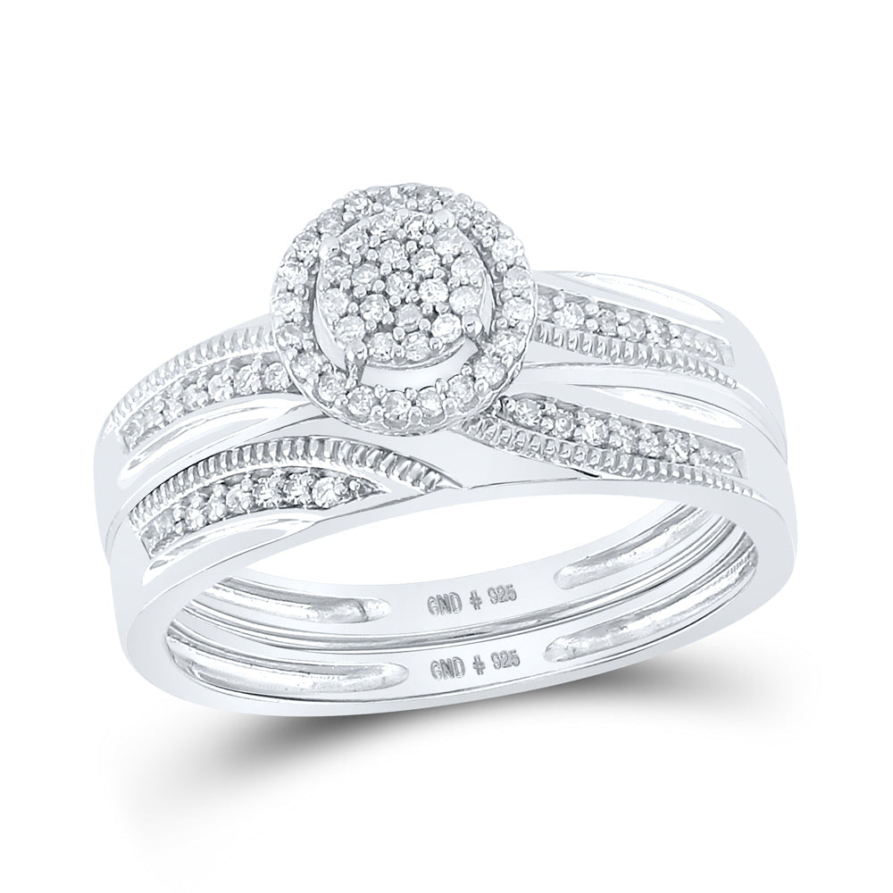 Sterling Silver His Hers Round Diamond Cluster Matching Bridal Wedding Ring Band Set 1/4 Cttw 7 Daisy Joyeria