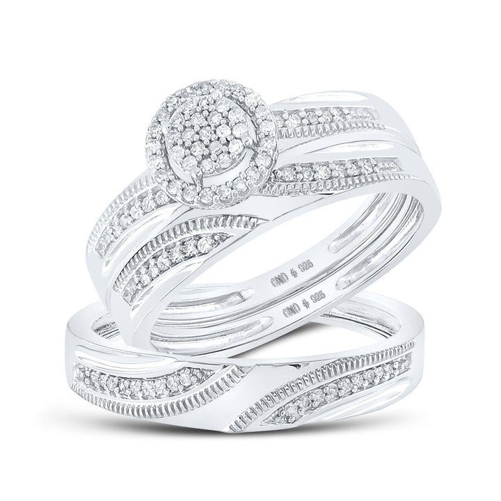 Sterling Silver His Hers Round Diamond Cluster Matching Bridal Wedding Ring Band Set 1/4 Cttw 7 Daisy Joyeria