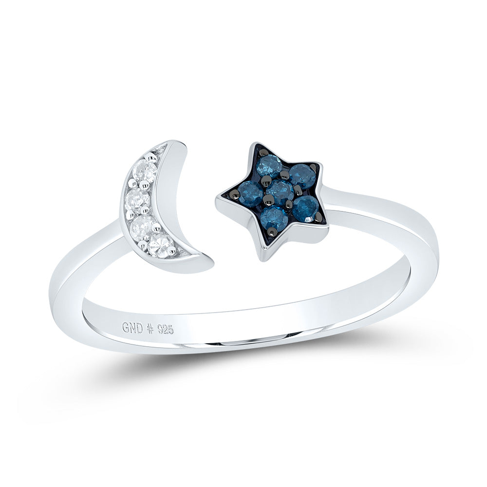 Sterling Silver Womens Round Blue Color Enhanced Diamond Star Crescent Moon Bisected Band Ring 1/10 Cttw 7 Daisy Joyeria